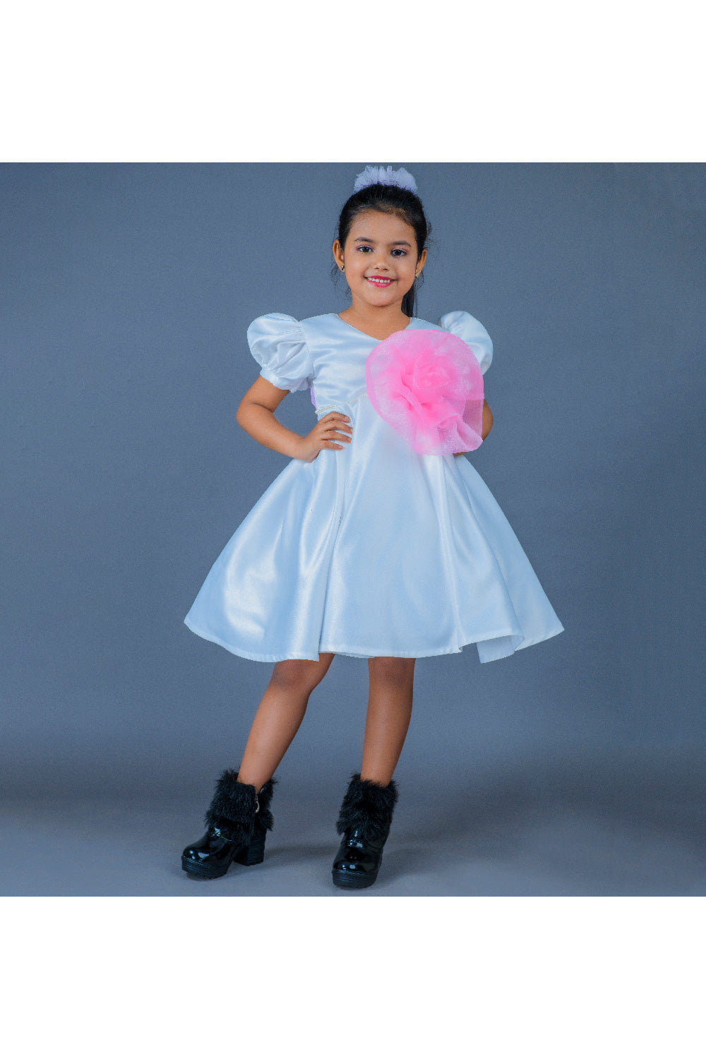 White With Pink Flower Detailing Organza Dress