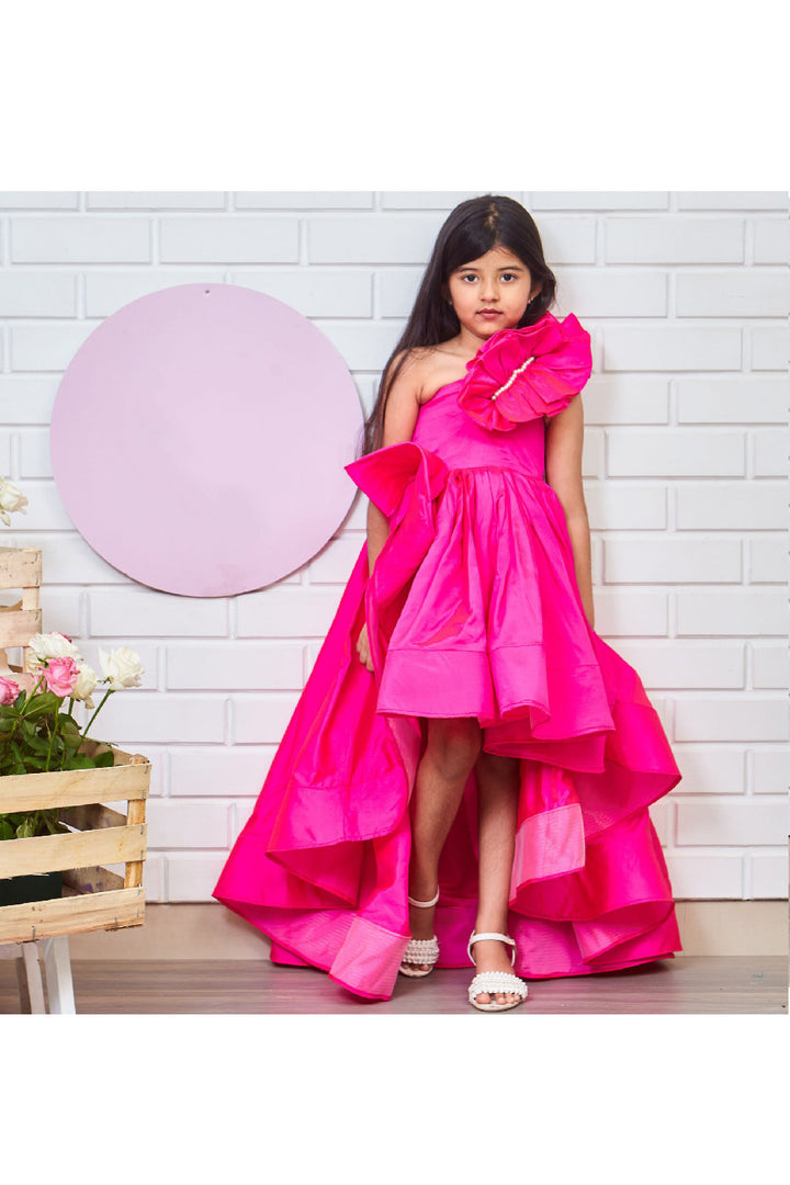 Pink Ruffle One Shoulder Taffeta High Low Gown
