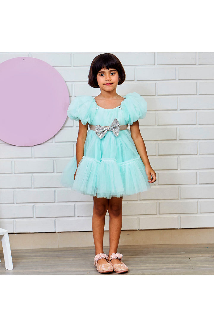 Net Puff Sleeves Dress With Sequins Bow Detailing Belt