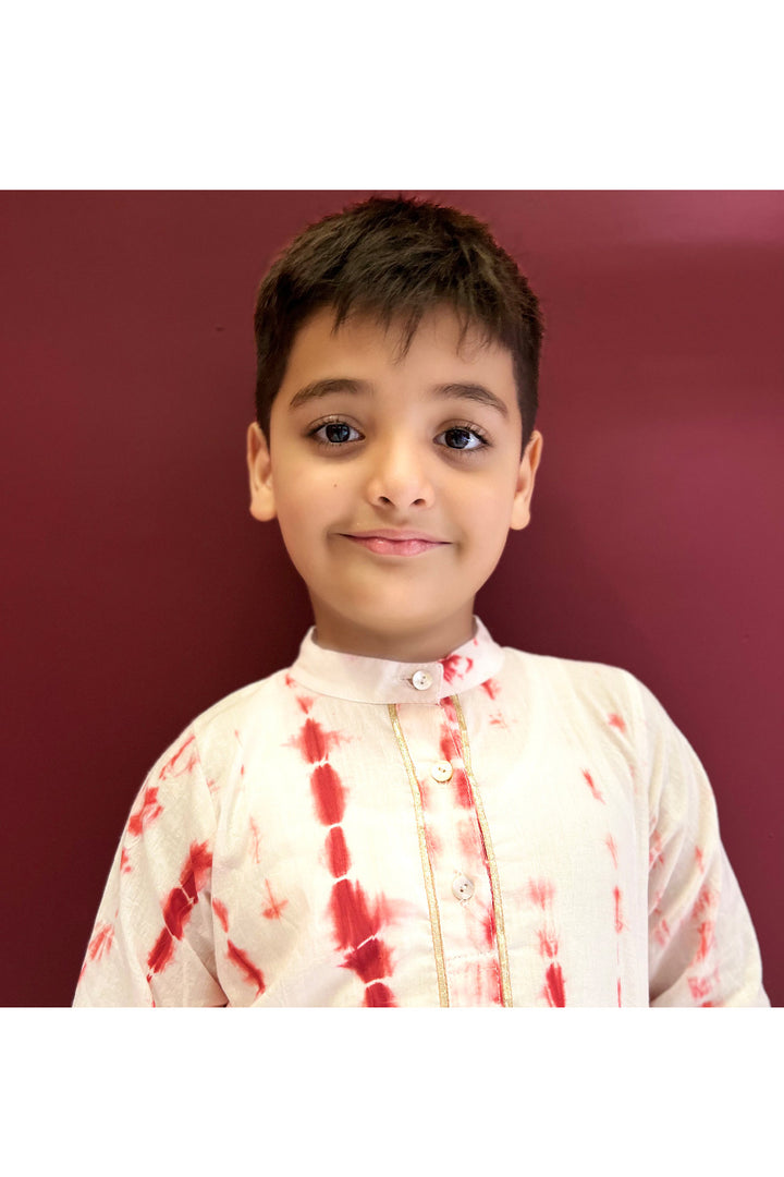 Red And White Tie N Dye Kurta With Pyjama Set