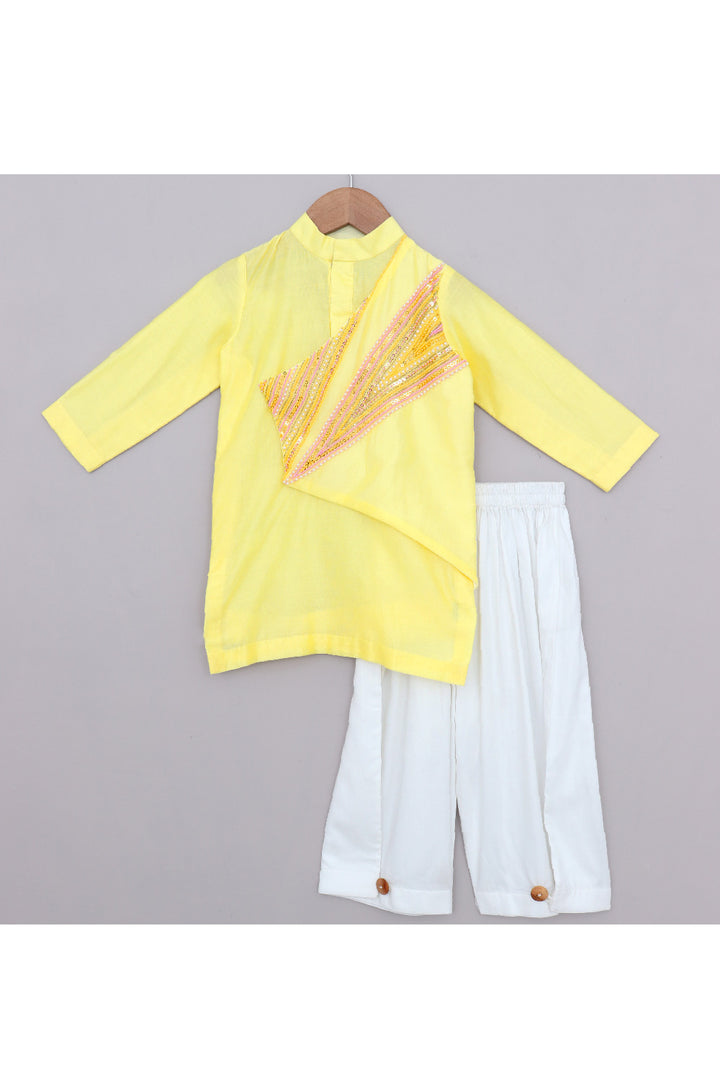Yellow Hand Embroidered Chanderi Kurta With Satin Pant Set