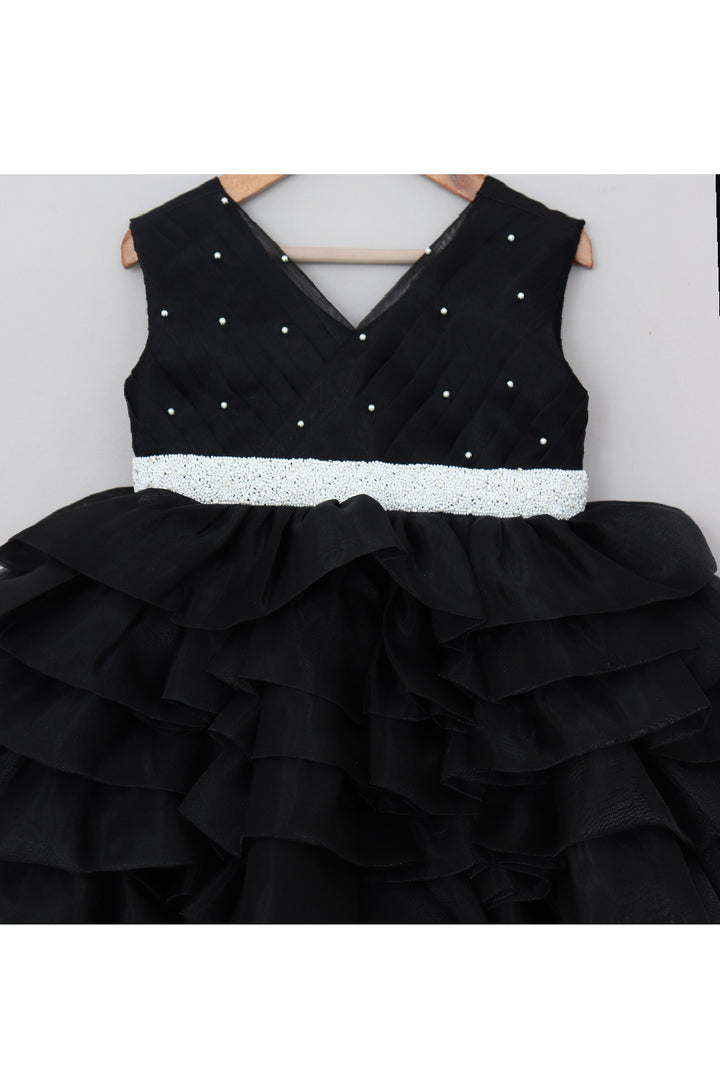 Black And White Pearl Detailing Organza Frill Dress