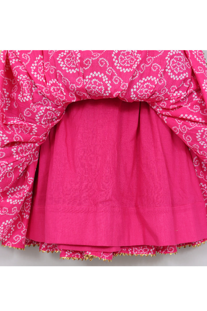 Multicolor Bandhani Printed Top And Layered Lehenga With Dupatta Set
