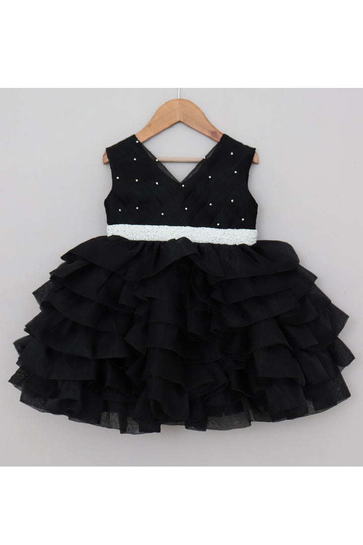 Black And White Pearl Detailing Organza Frill Dress