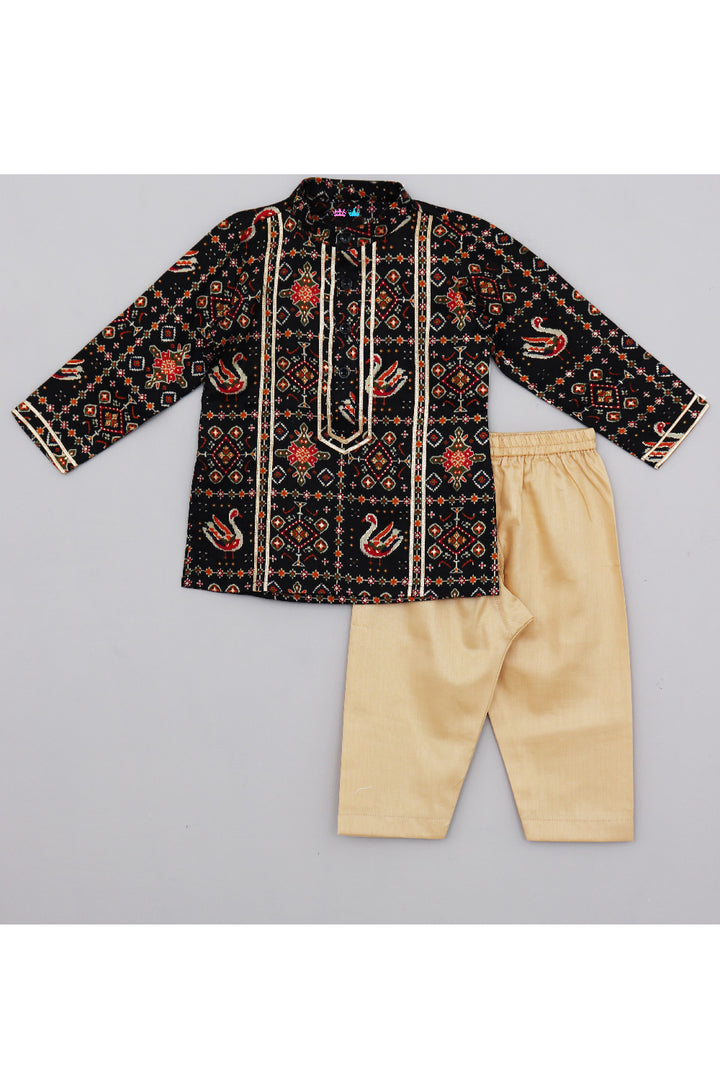 Black Patola Printed Cotton Silk Kurta With Pyjama Set