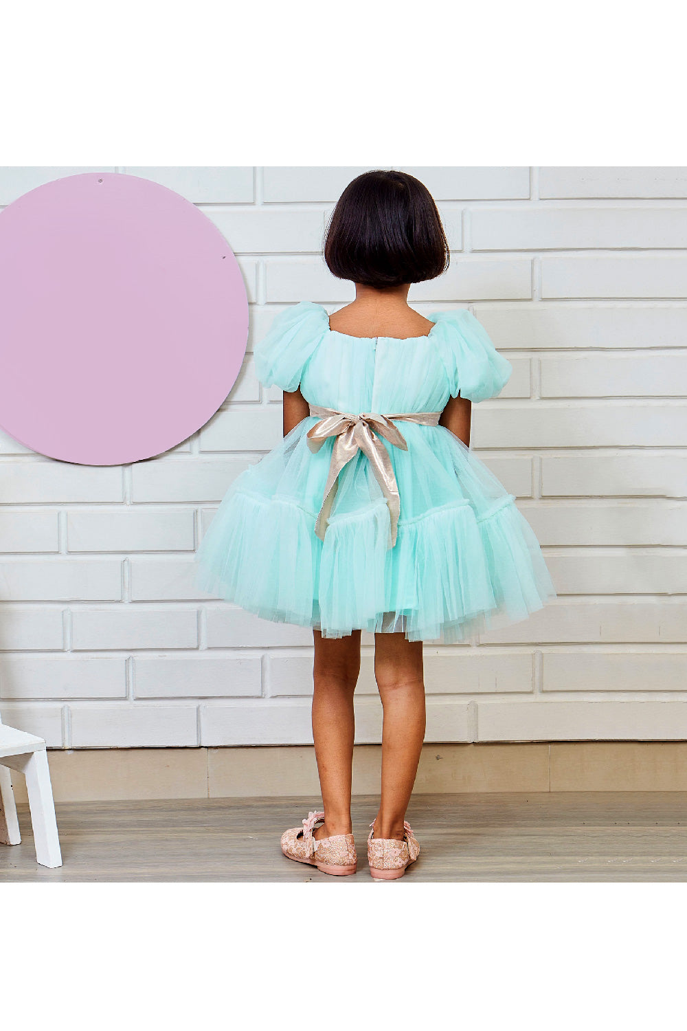 Net Puff Sleeves Dress With Sequins Bow Detailing Belt