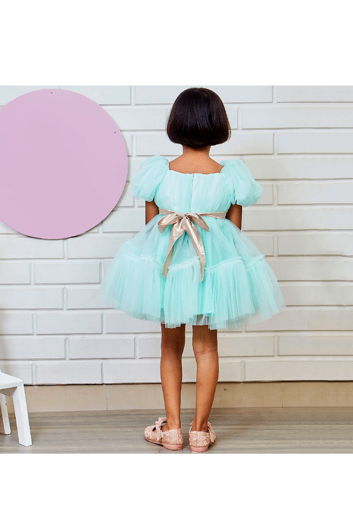 Net Puff Sleeves Dress With Sequins Bow Detailing Belt