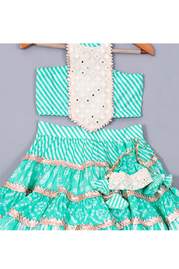 Blue Bandhani Printed Halter Neck Top With Lace Detailing Layered Mid Calf Lehenga Set