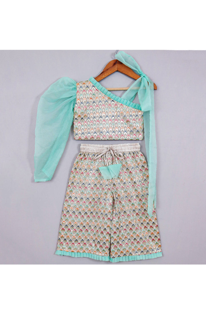Sea Green Embroidered One Shoulder Georgette Top With Palazzo Set