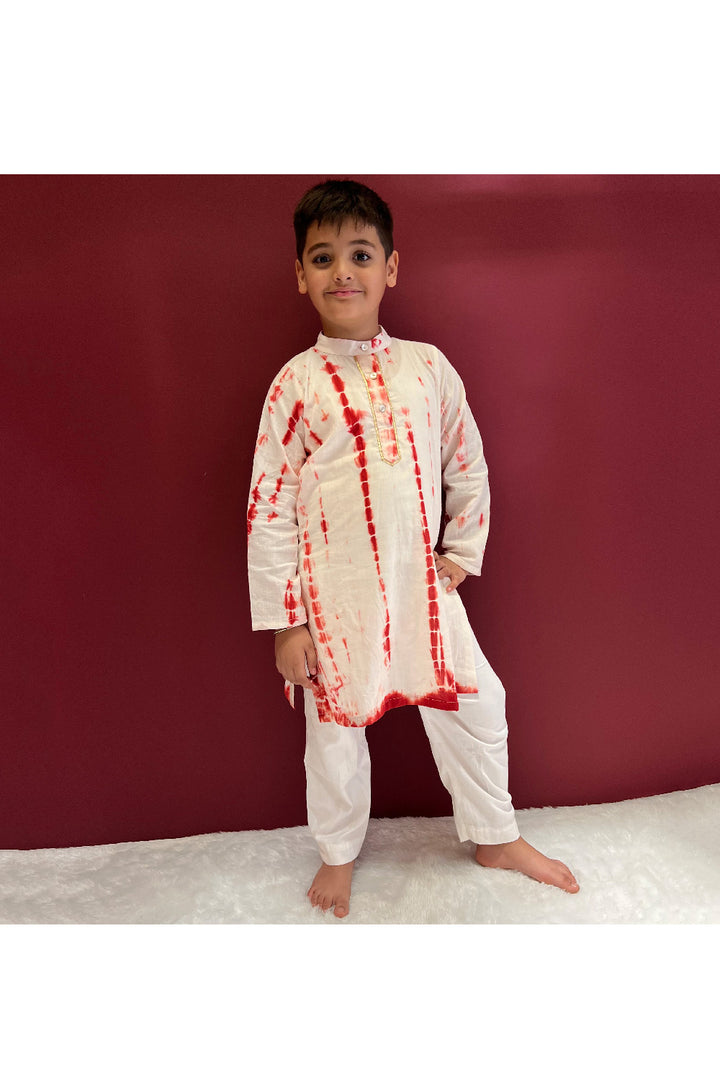 Red And White Tie N Dye Kurta With Pyjama Set