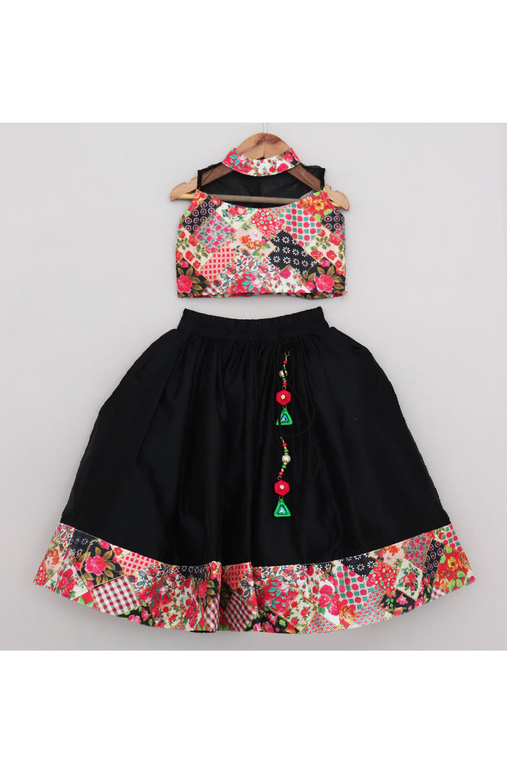 Black Printed Crop Top With Silk Lehenga Set