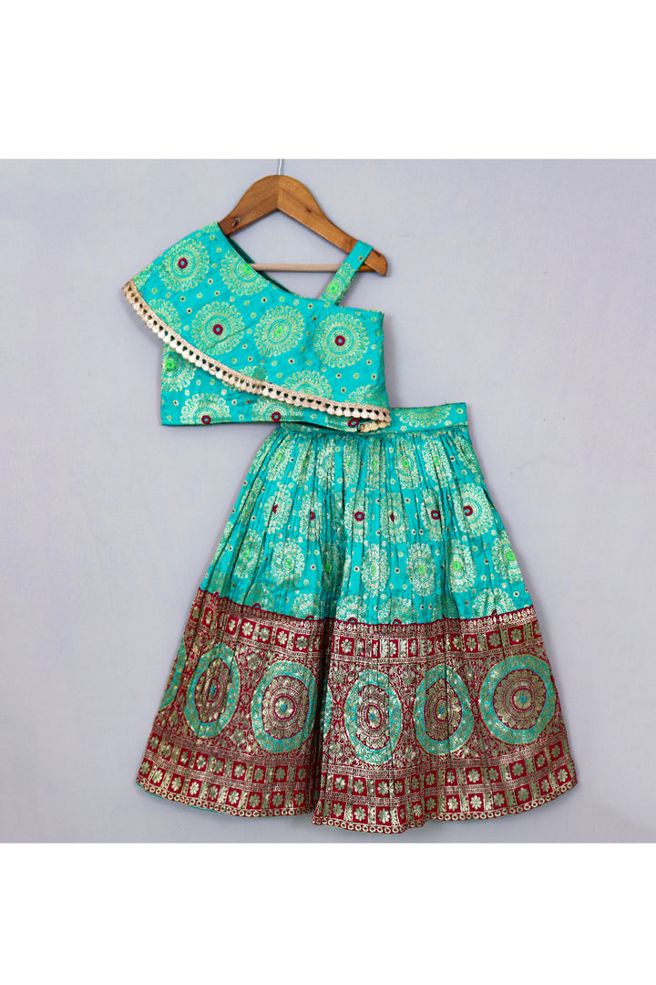 Blue Brocade And Lace Detailing One Shoulder Top With Lehenga Set