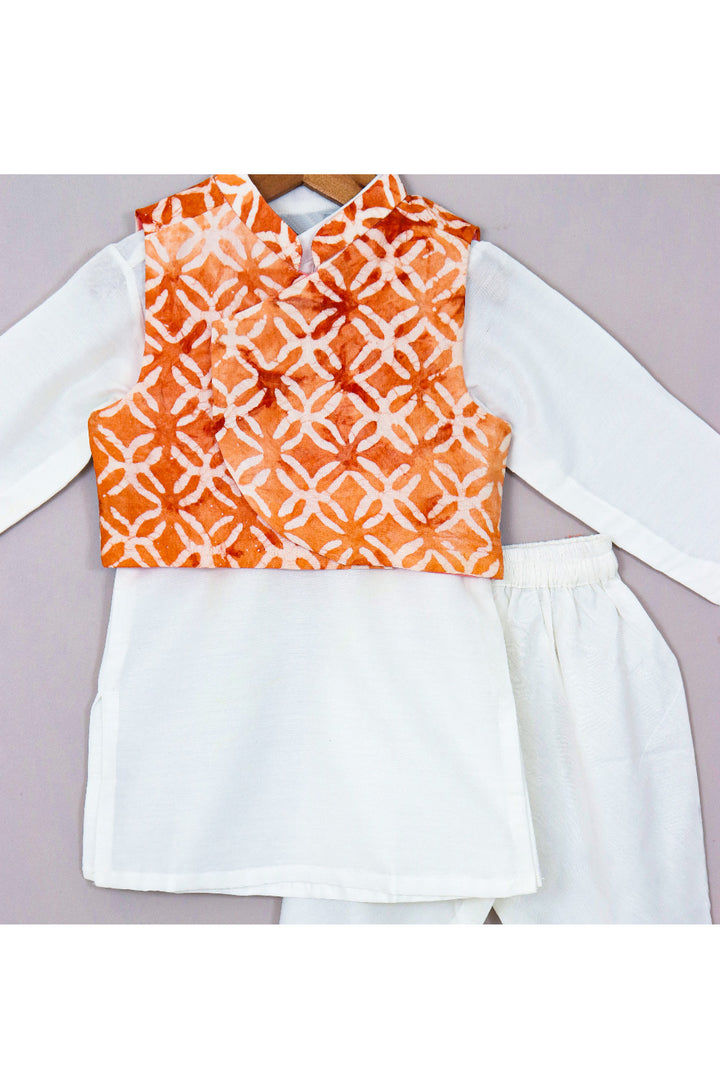 White Cotton Silk Kurta With Orange Printed Jacket Set