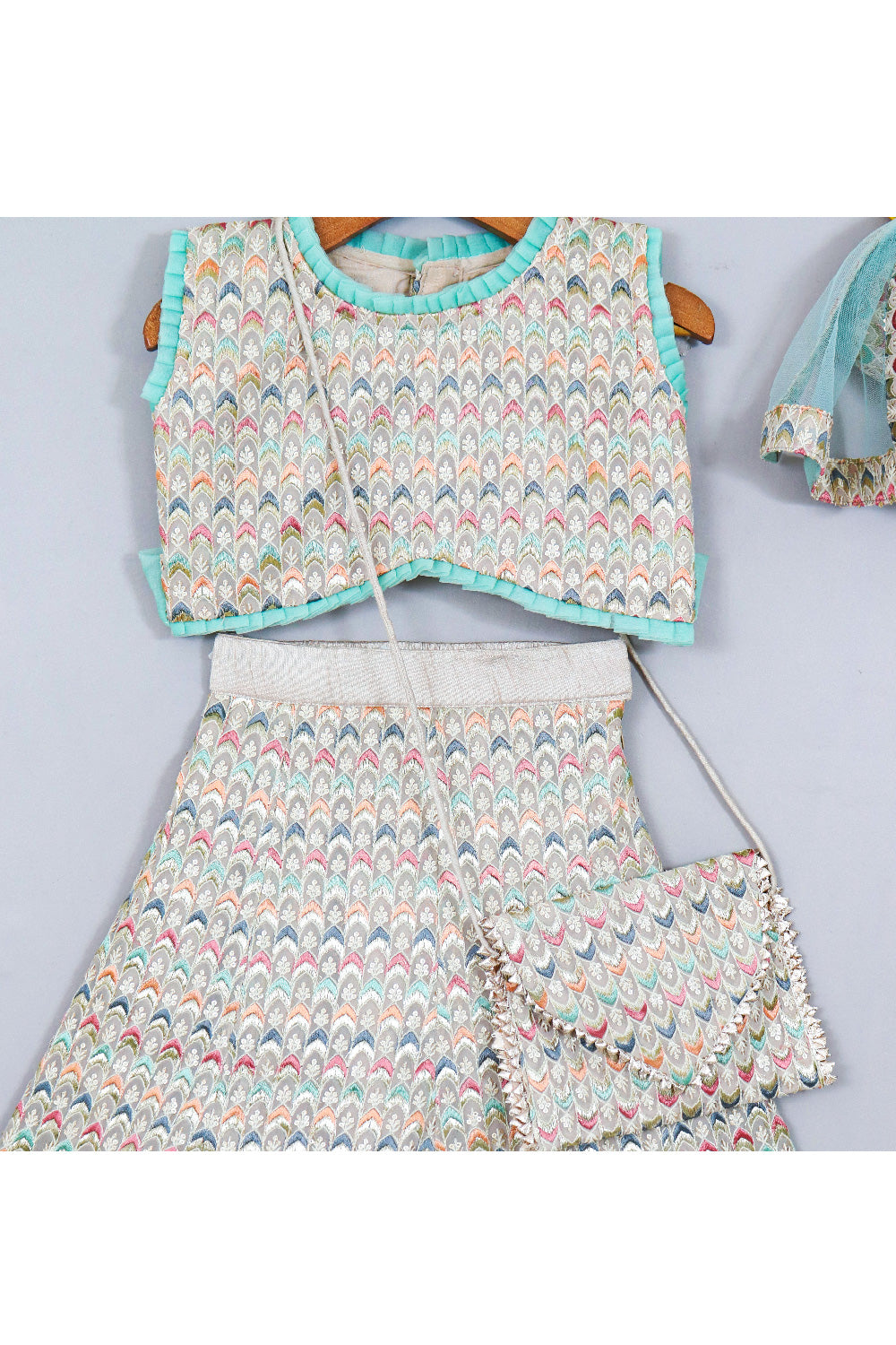 Sea Green Embroidered Georgette Top With Lehenga Set