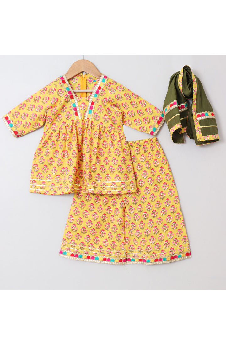 Yellow Block Printed With Multicolor Lace Detailing Peplum Top With Palazzo Set