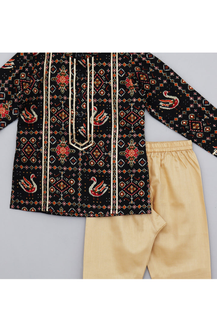 Black Patola Printed Cotton Silk Kurta With Pyjama Set