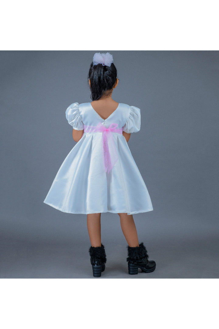 White With Pink Flower Detailing Organza Dress