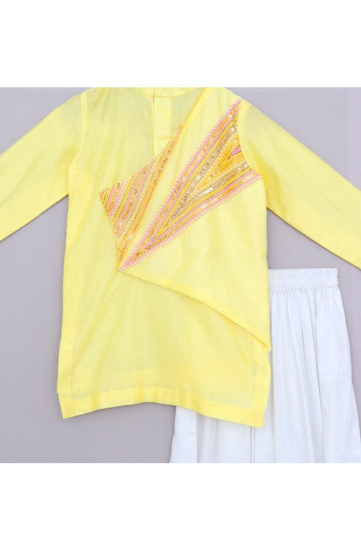 Yellow Hand Embroidered Chanderi Kurta With Satin Pant Set