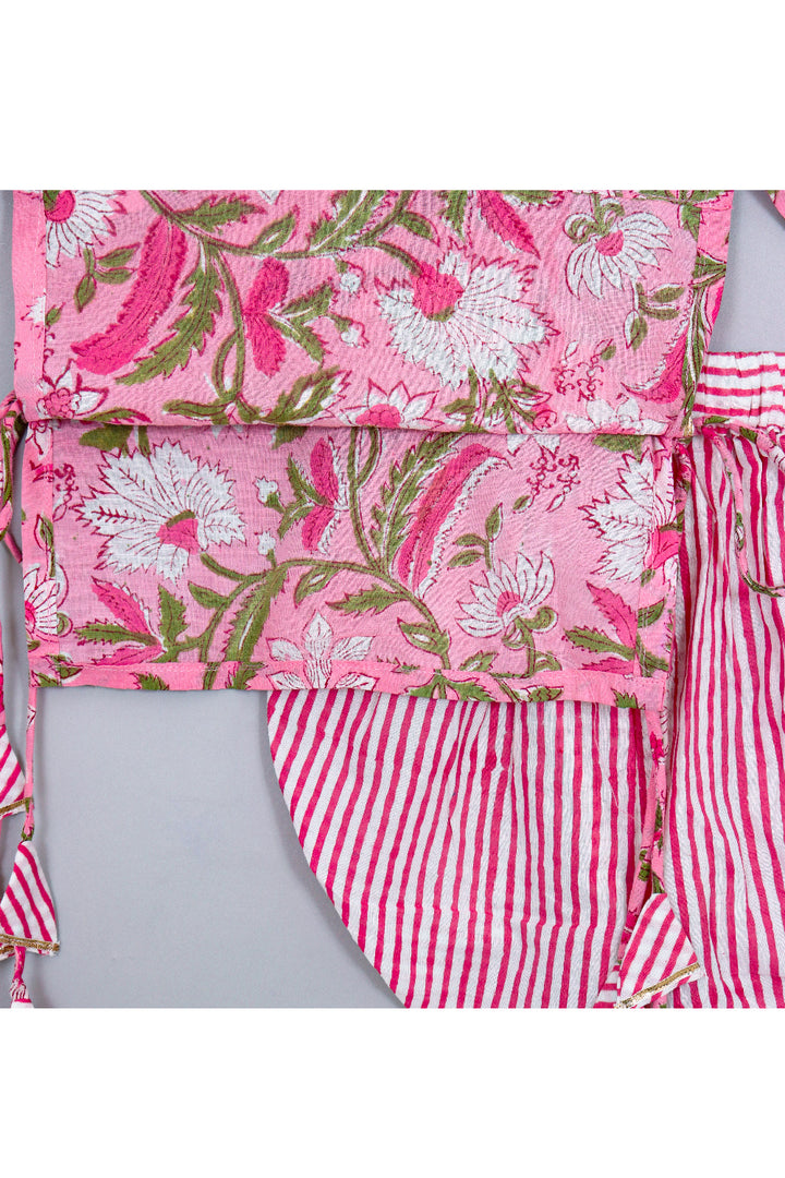 Pink Floral Printed With Lace Detailing Cotton Kurta With Dhoti And Dupatta Set