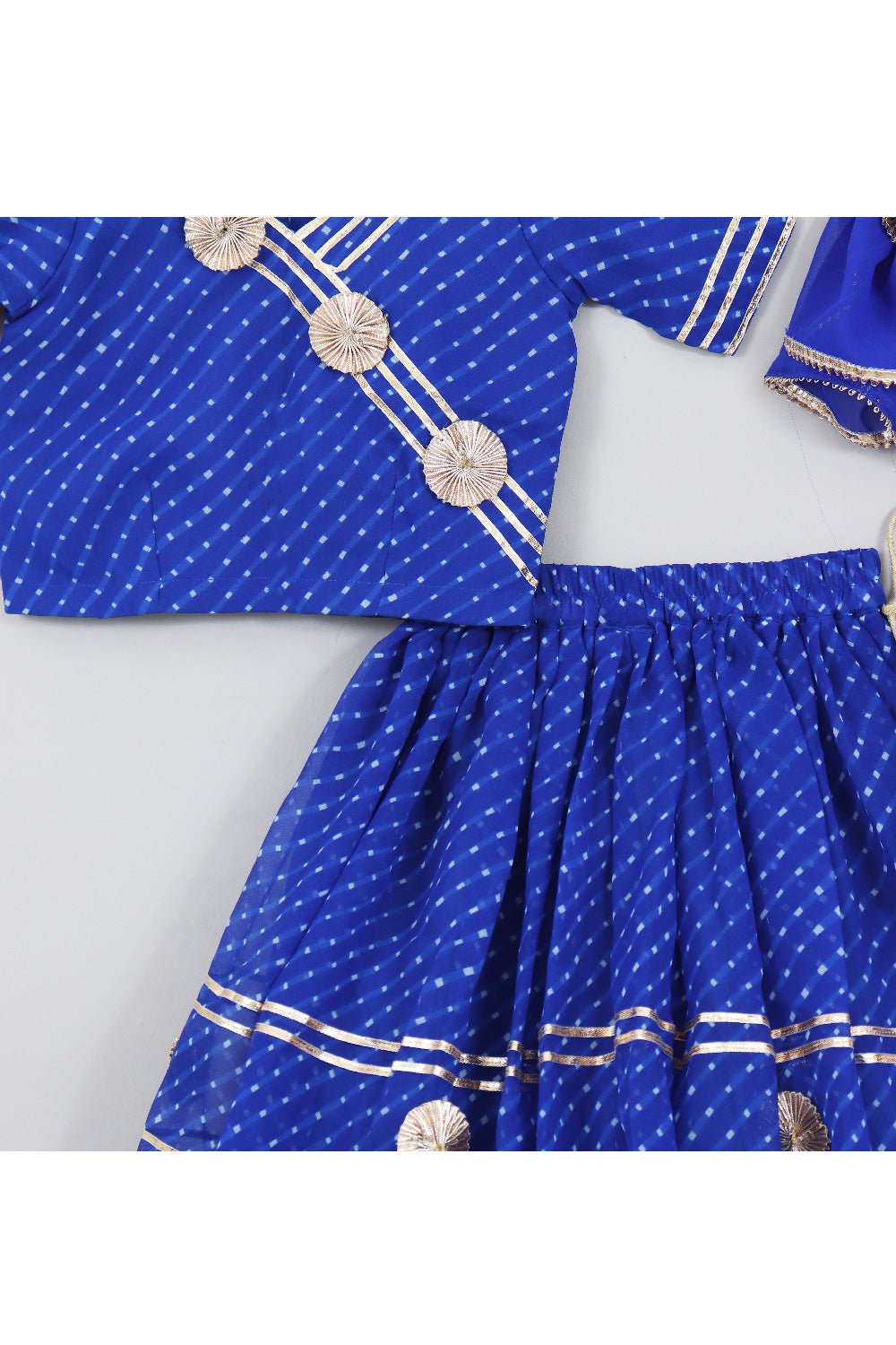 Dark Blue Leheriya Printed With Gota Detailing Georgette Top With Lehenga Set