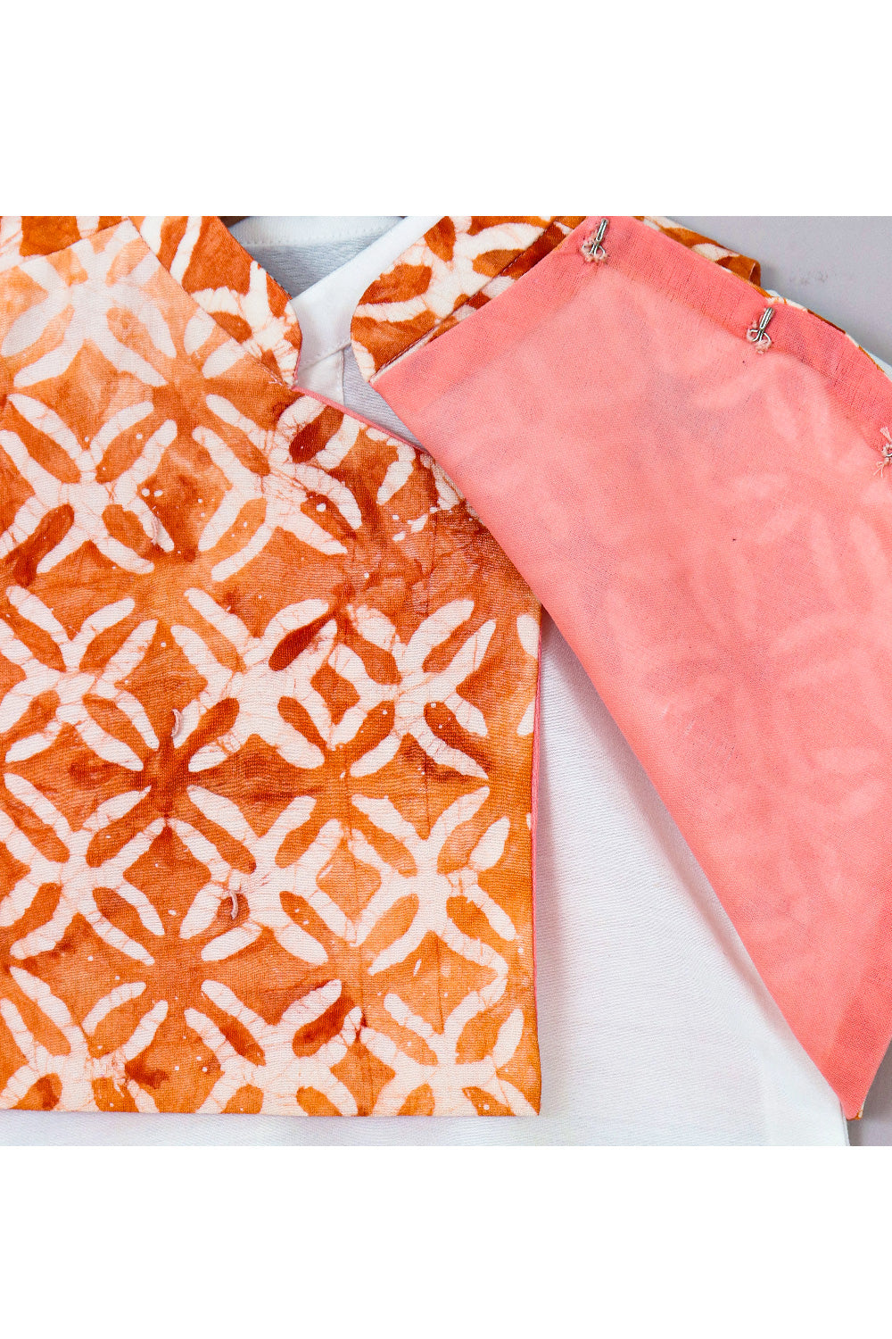 White Cotton Silk Kurta With Orange Printed Jacket Set