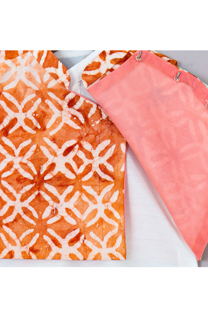 White Cotton Silk Kurta With Orange Printed Jacket Set