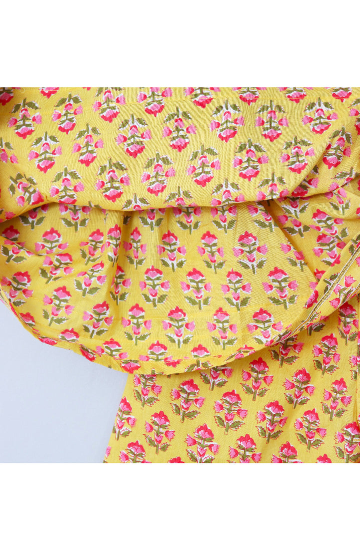 Yellow Block Printed With Multicolor Lace Detailing Peplum Top With Palazzo Set