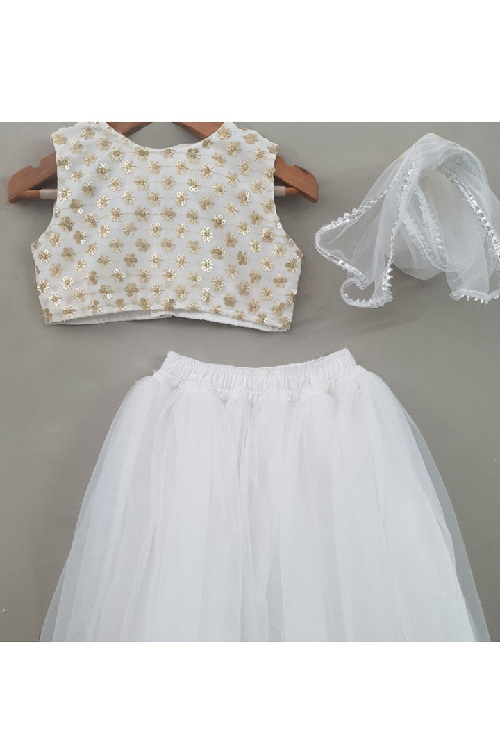 White Embroidered Sleeveless Top With Net Lehenga Set