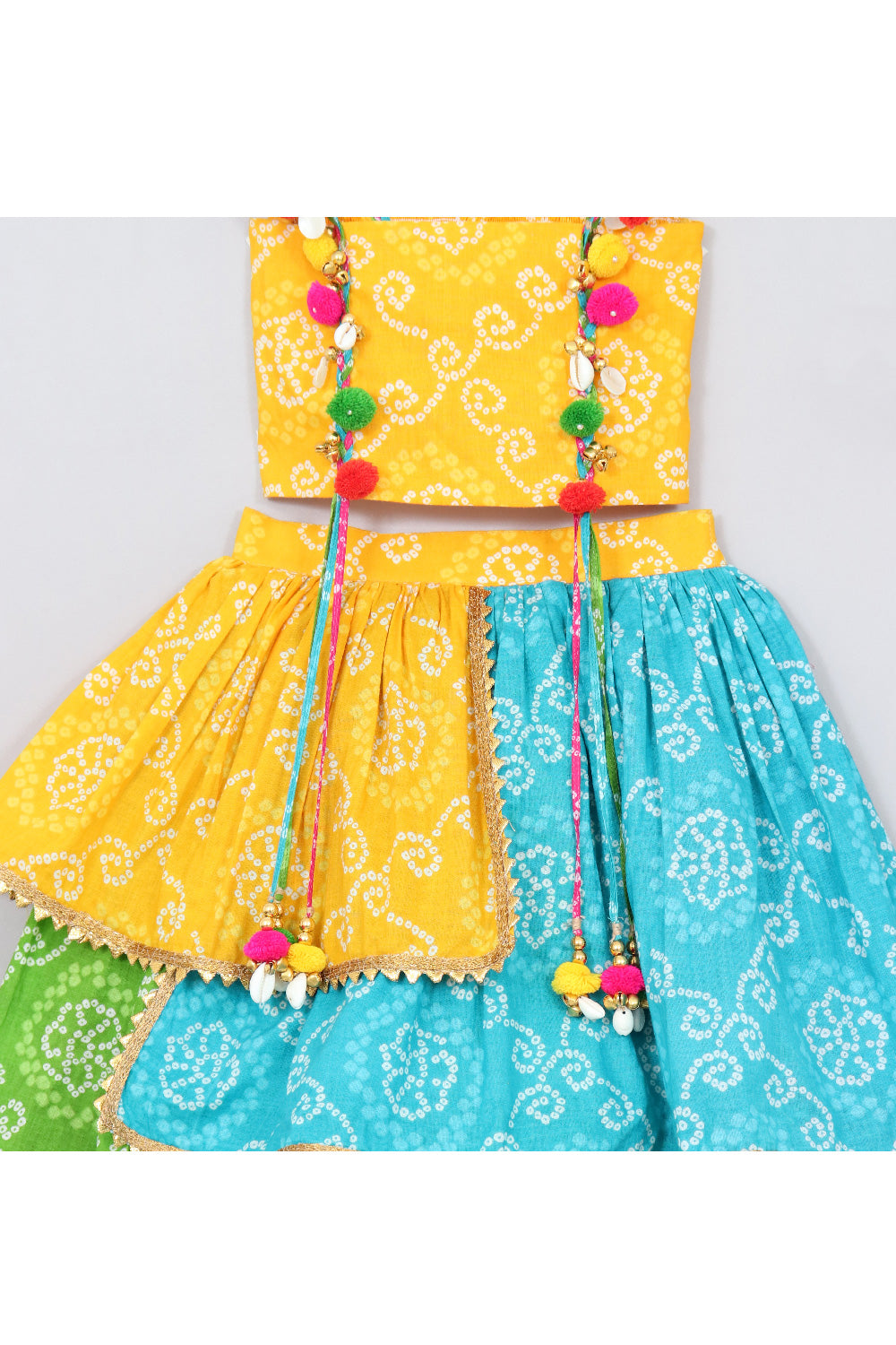 Multicolor Bandhani Printed Top And Layered Lehenga With Dupatta Set