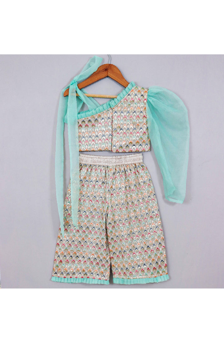 Sea Green Embroidered One Shoulder Georgette Top With Palazzo Set
