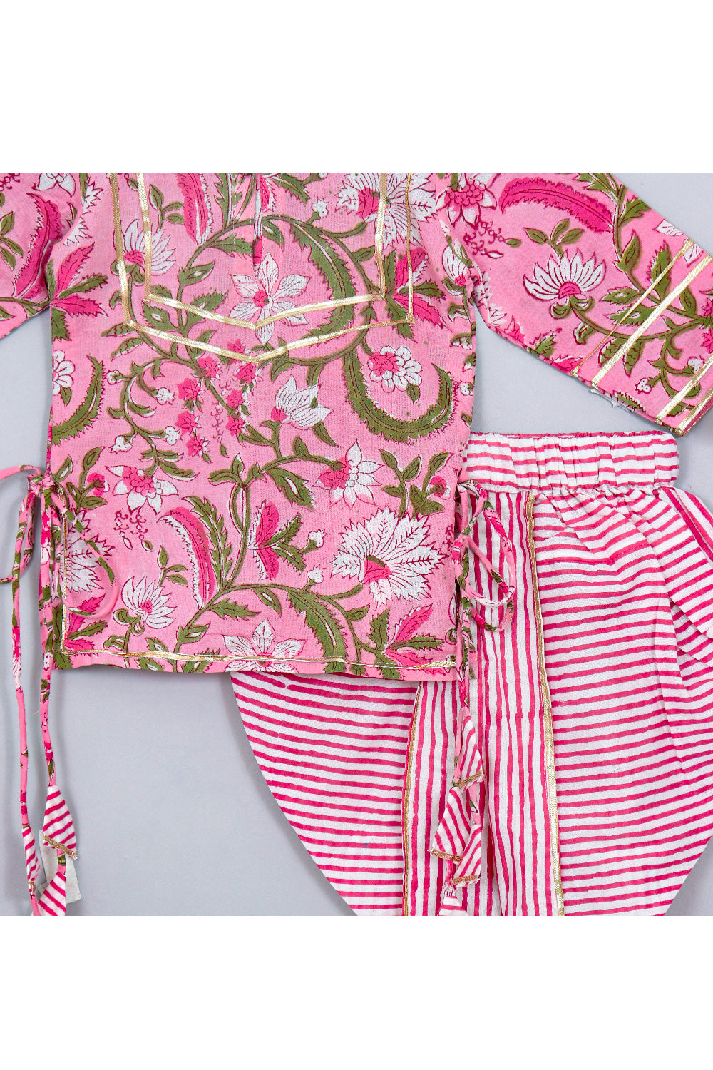 Pink Floral Printed With Lace Detailing Cotton Kurta With Dhoti And Dupatta Set