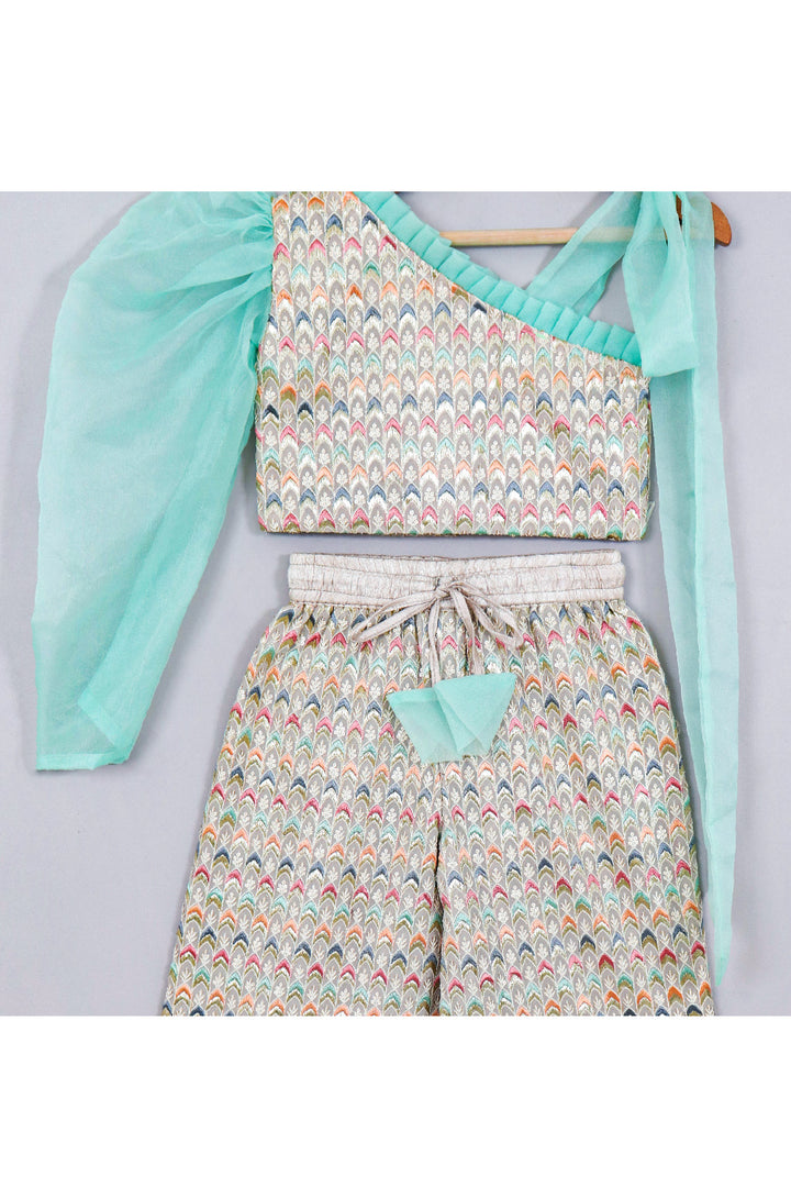 Sea Green Embroidered One Shoulder Georgette Top With Palazzo Set