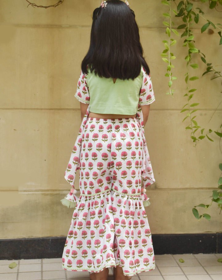 Green Embroidery Cotton Top With Printed Sharara Set