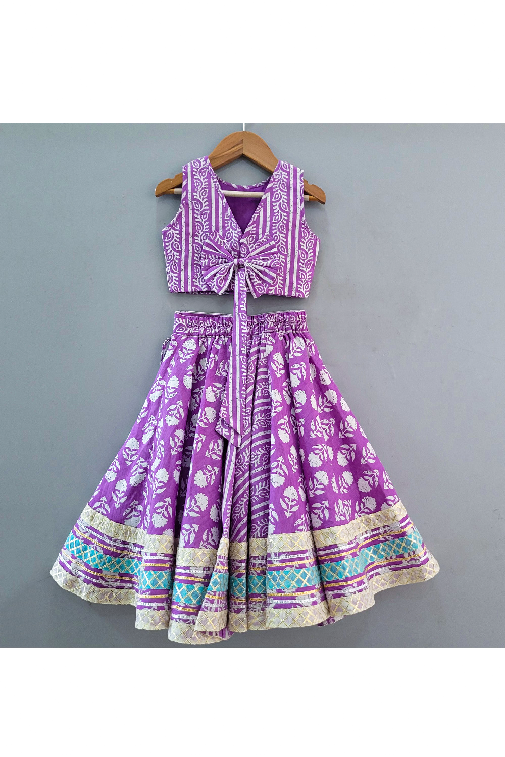 Purple Gota Detailing Cotton Printed Top With Lehenga Set