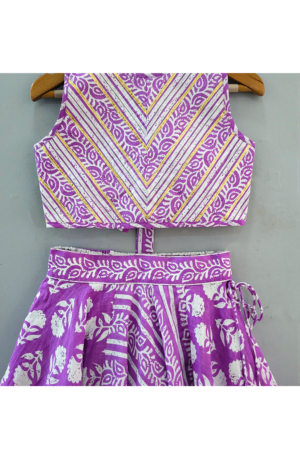 Purple Gota Detailing Cotton Printed Top With Lehenga Set