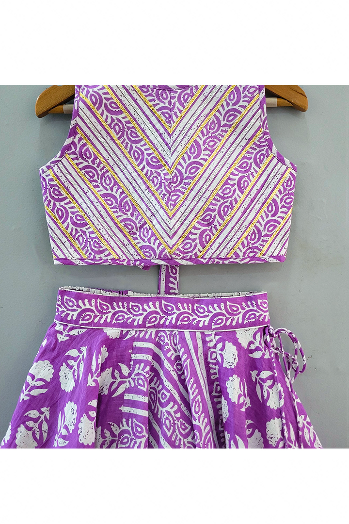 Purple Gota Detailing Cotton Printed Top With Lehenga Set