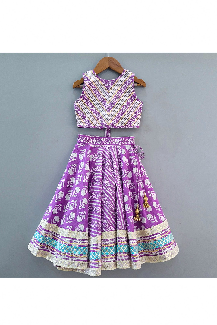 Purple Gota Detailing Cotton Printed Top With Lehenga Set