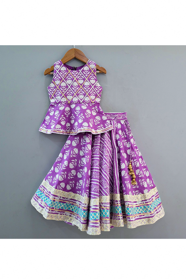 Purple Flower Printed Peplum Style Cotton Top With Lehenga Set