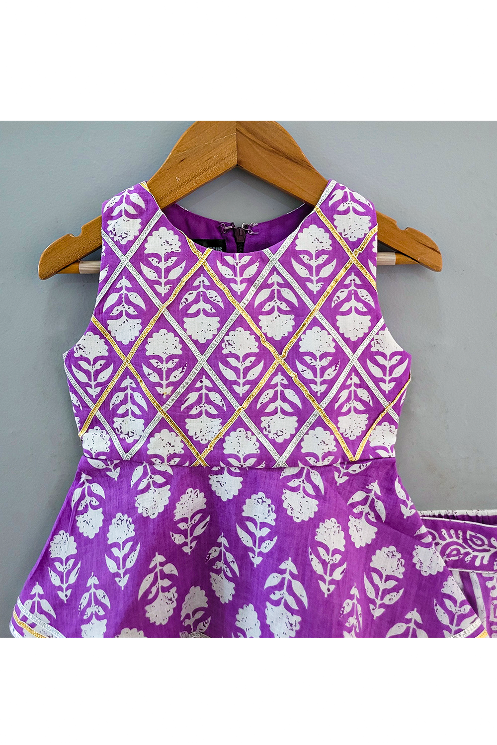 Purple Flower Printed Peplum Style Cotton Top With Lehenga Set