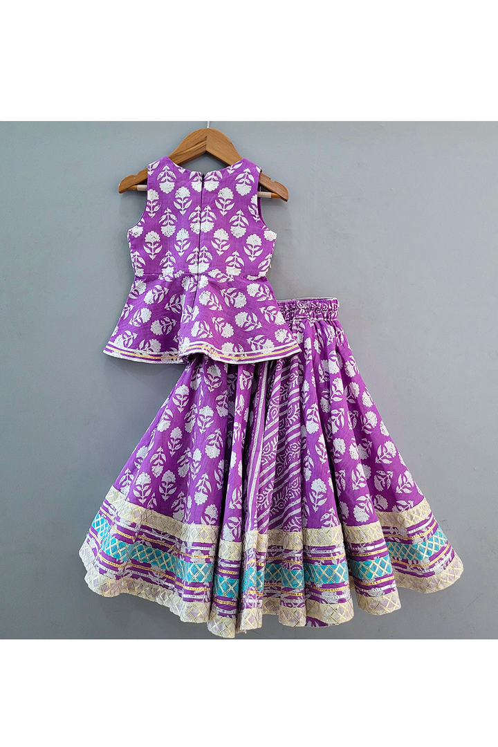 Purple Flower Printed Peplum Style Cotton Top With Lehenga Set
