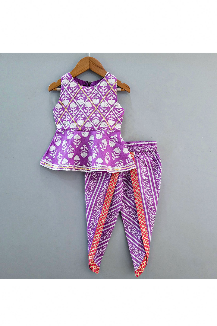 Purple Flower Printed Peplum Style Cotton Top With Dhoti Set