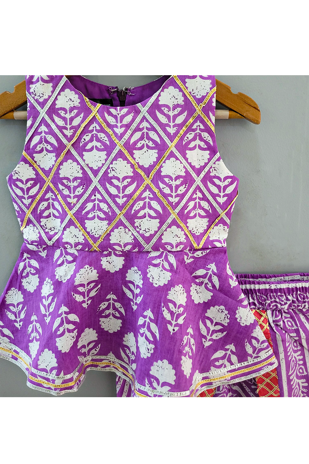 Purple Flower Printed Peplum Style Cotton Top With Dhoti Set