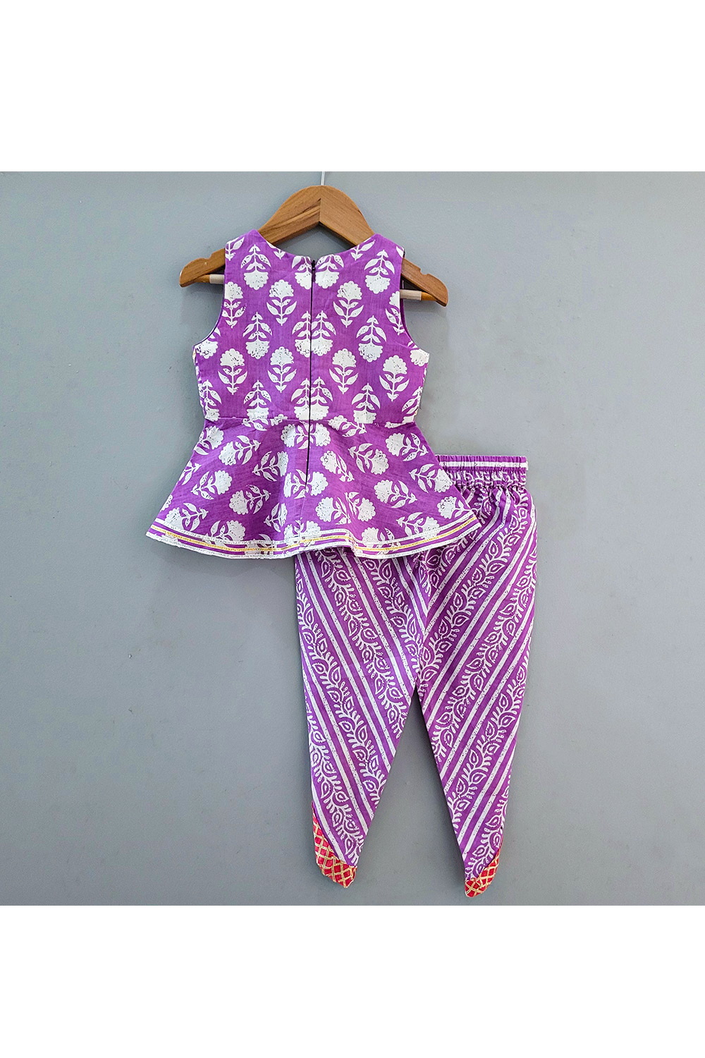 Purple Flower Printed Peplum Style Cotton Top With Dhoti Set
