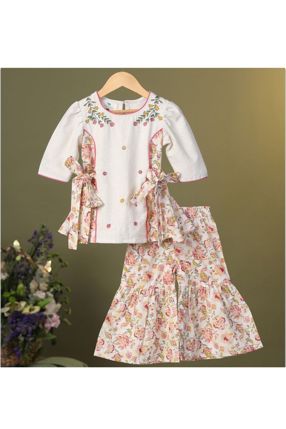 Beige Pink Floral Printed Top With Sharara Set