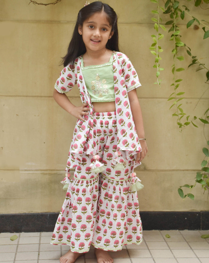 Green Embroidery Cotton Top With Printed Sharara Set