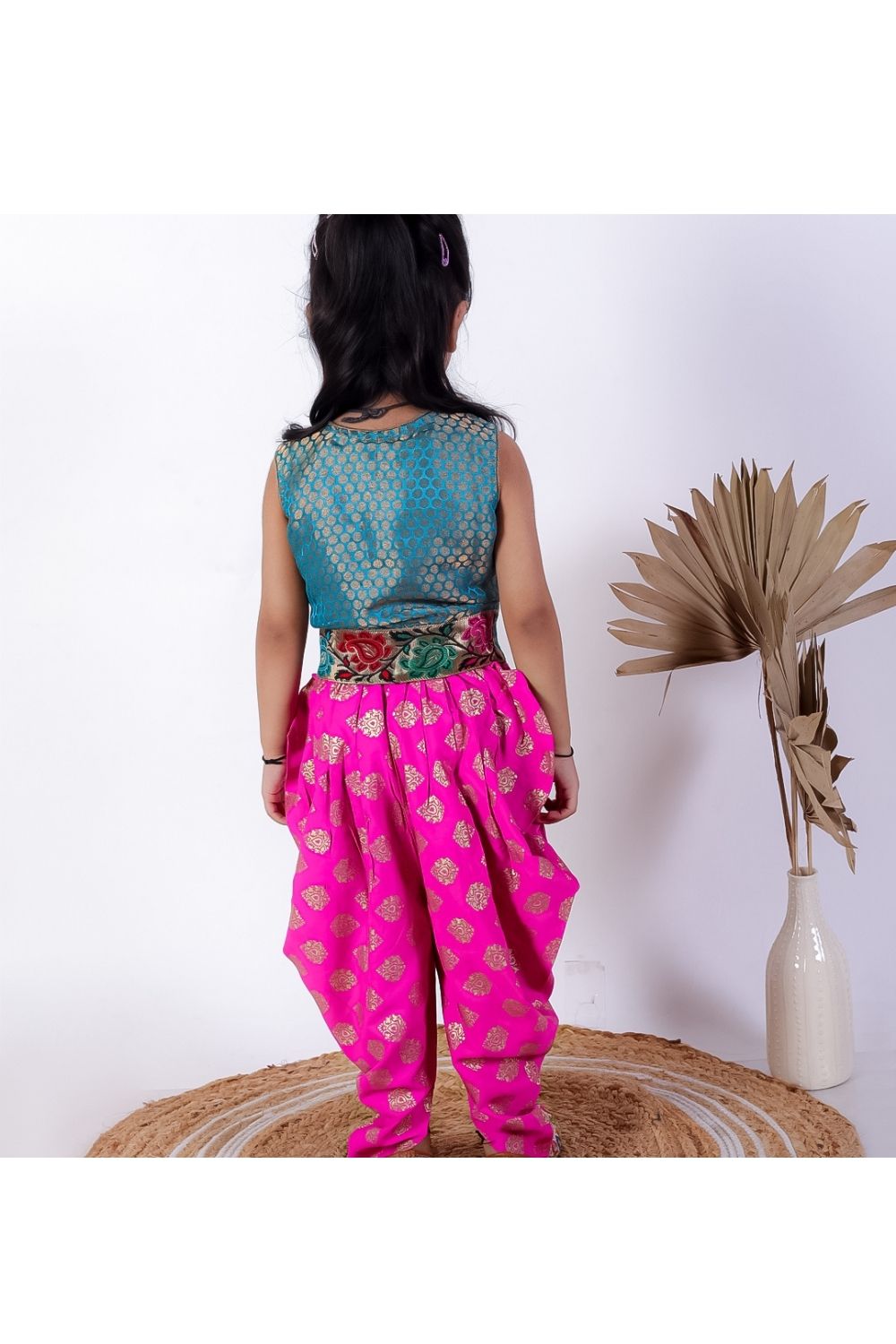 Turquoise Brocade Top & Foil Printed Pink Dhoti Pant Set