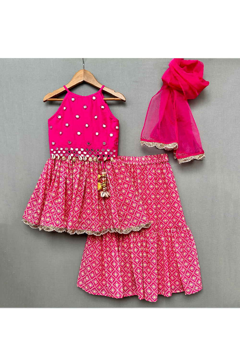 Pink Faux Mirror Embroidered Peplum Style Top With Sharara Set
