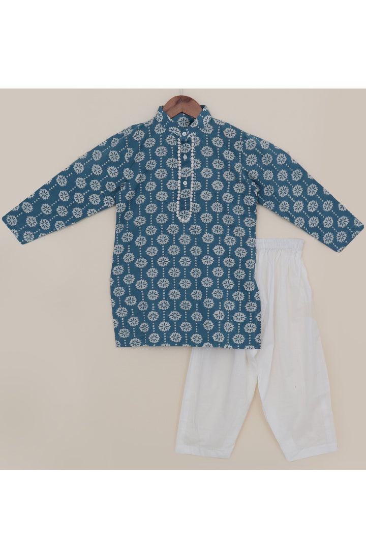 Blue Hand Block Printed Kurta With White Pyjama Set