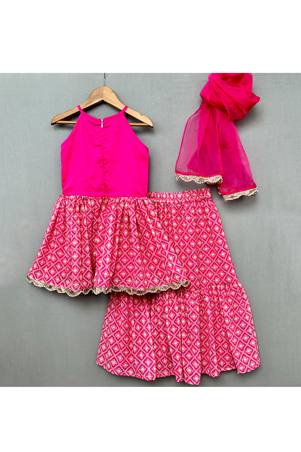 Pink Faux Mirror Embroidered Peplum Style Top With Sharara Set