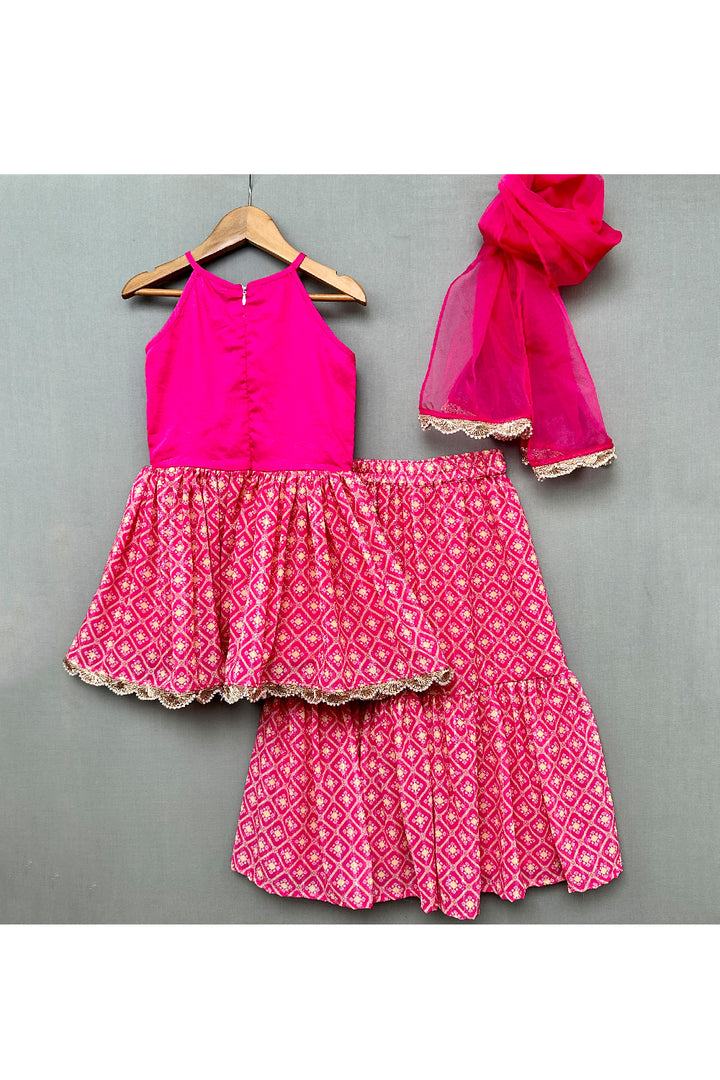Pink Faux Mirror Embroidered Peplum Style Top With Sharara Set